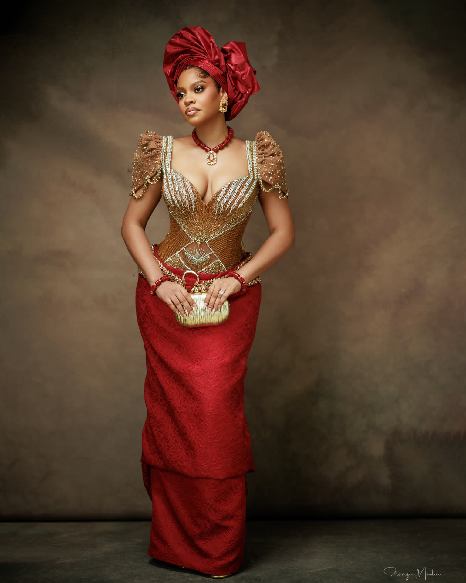 Beaded corset with coral and brocade wrapper
